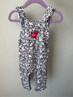 Guess White Leopard Print Overalls with Pink Heart Patch